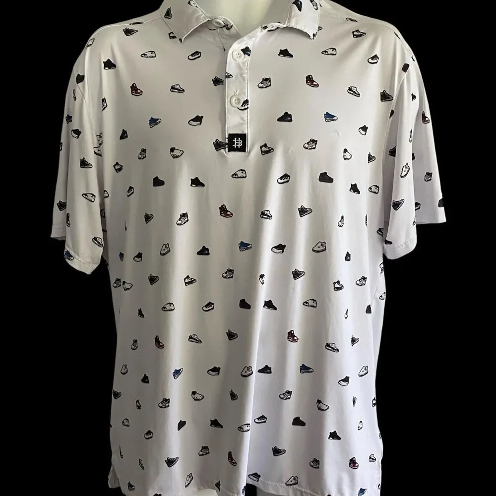 Hazards & Bogeys Polo Shirt Mens Large White Sneaker Print Golf Moisture Wicking